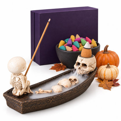 Pebetero Bote Esqueleto con su caja y un bowl de inciensos de colores