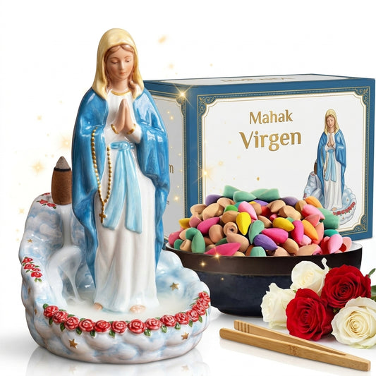Pebetero Virgen María con caja, 60 inciensos y pinzas en madera