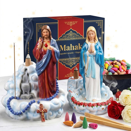 Combo pebeteros Sagrado Corazón y Virgen con caja, 40 inciensos y pinzas en madera